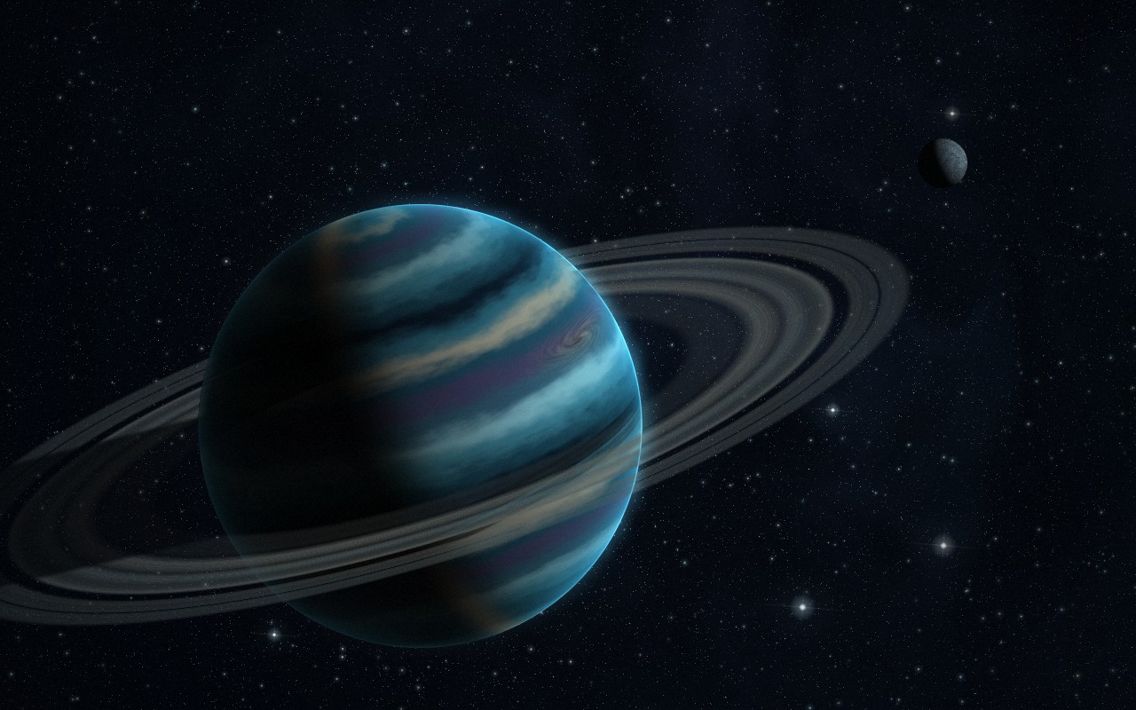 A banded teal gas giant lit from the upper right, its multi-banded ring passing in front of and behind it, with a small cratered moon