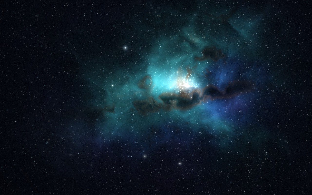 A star-forming nebula with a bright young star cluster at its core, teal and violet gas clouds and dark dust lanes threading through, against a dense star field