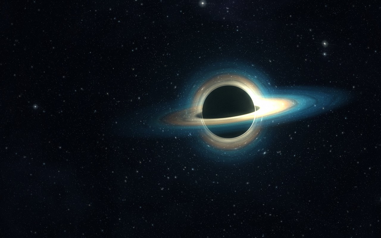 A black hole off-centre in a deep star field, its glowing accretion disk bent around the dark core by gravitational lensing, warm at the inner edge and teal further out